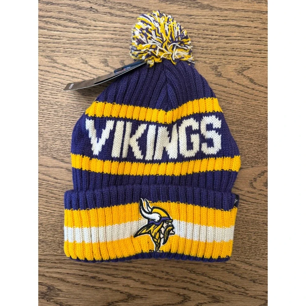 Minnesota Vikings Bering 47 Brand Cuff Knit Beanie Hat Purple Gold Pom NFL NEW